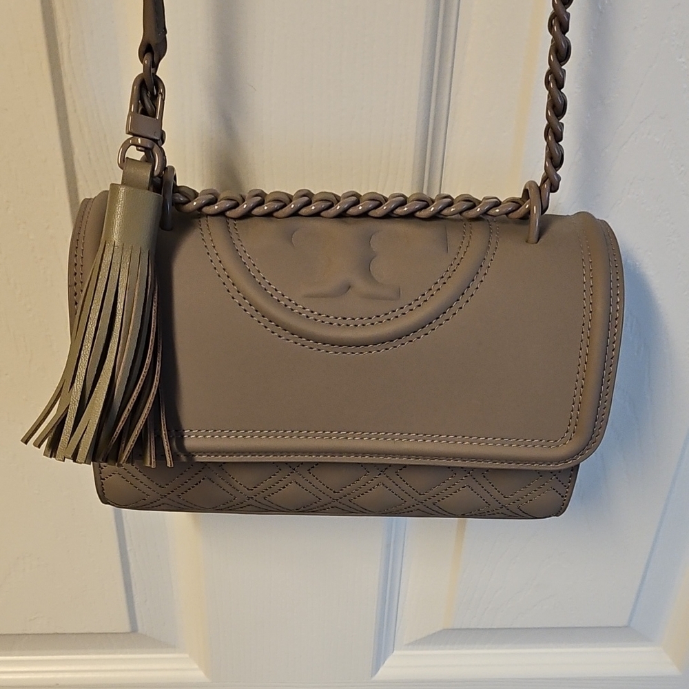Tory Burch Taupe Quilted Tassel Crossbody Bag